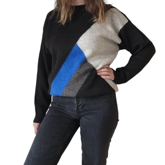Vintage Sweaters - Vintage Alpaca Peruvian Wool black grey blue colorblock sweater